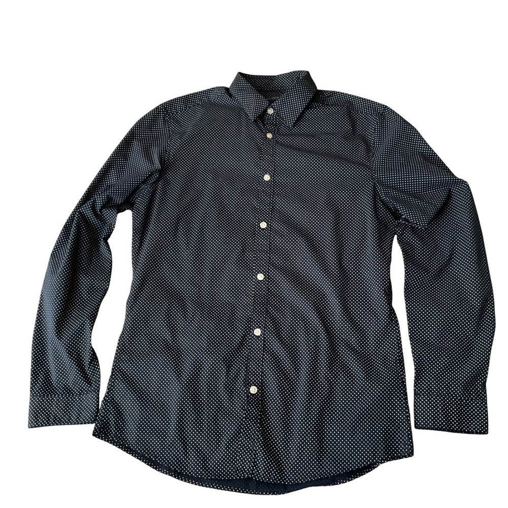 HM Mens Slim Fit Easy Iron‎ Polka Dot Button Down Shirt Navy Blue White Size M